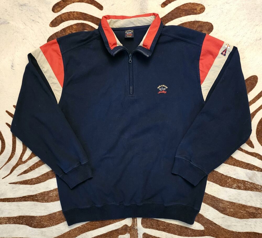 Paul & Shark Yachting 100% Cotton Quarter Zip Navy Sweater Colorblock Mens Sz L